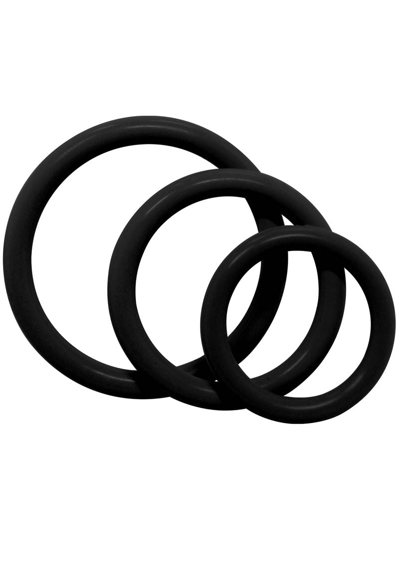 Tri Rings Cock Ring - Black - 3 Piece Set/Set
Tri-Rings Multi-Purpose Rubber Set, black, blue, red, vanilla, glow-in-the-dark white, 3 sizes, waterproof, phthalate-free.

multi-purpose rubber rings, erection enhancers, stamina support rings, glow-in-the-dark cock rings, flexible rubber rings, phthalate-free erection rings, waterproof penis rings, reusable cock rings, couples play accessories.