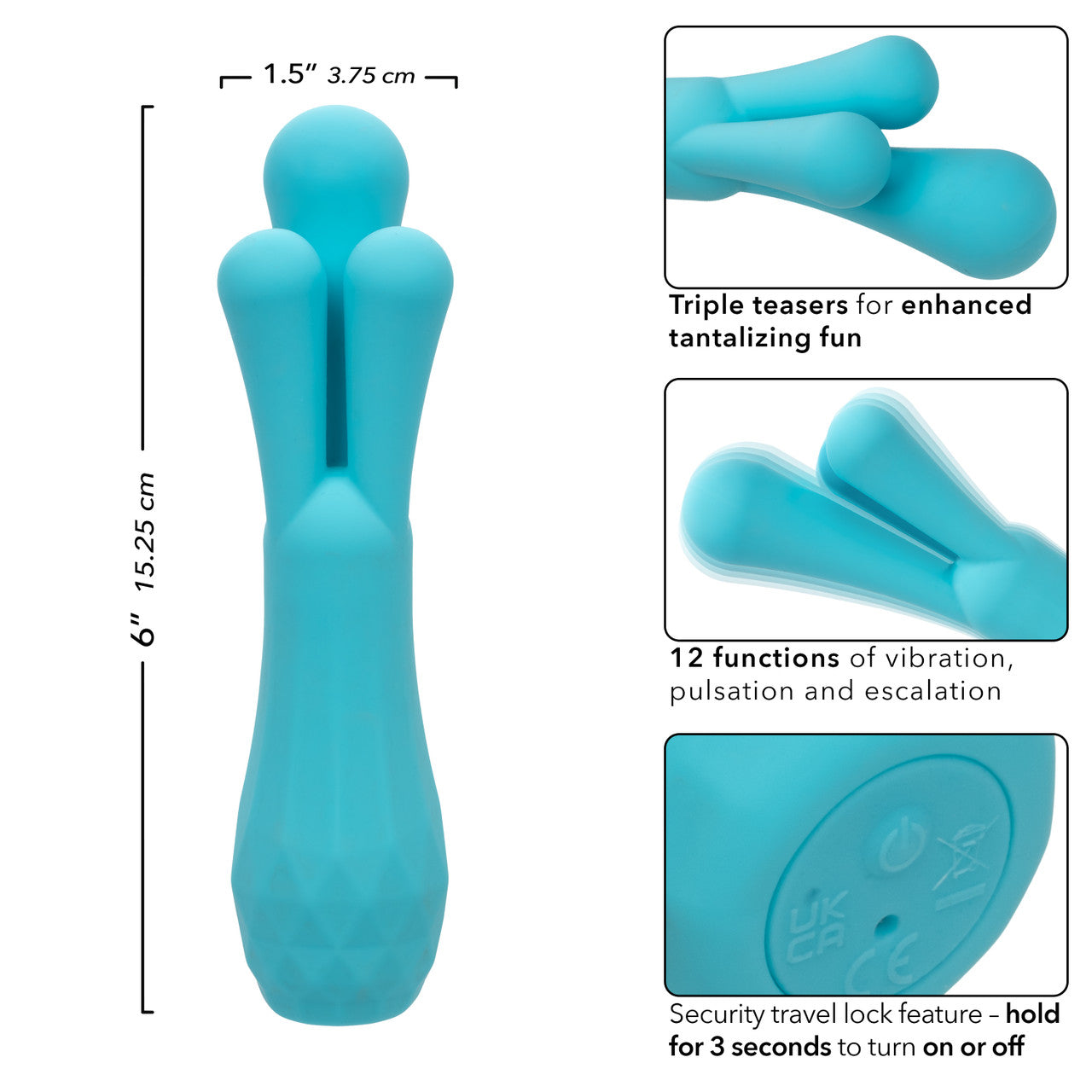 Gia™ Triple Teaser Blue silicone triple teaser vibrator with 12 vibration modes, waterproof design, USB rechargeable, and memory chip for personalized pleasure. triple stimulator vibrator, waterproof vibrator, USB rechargeable vibrator, 12-function vibrator, body-safe silicone, phthalate-free, travel lock, versatile vibrator, IPX7 waterproof toy.