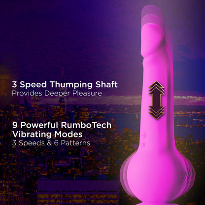 Purple G-spot dildo with thumping and vibrating Gen 2 Gyro-Quake™ technology, suction base, and waterproof silicone design.

Keywords: Impressions New York, vibrating dildo, G-spot dildo, thumping dildo, Gyro-Quake technology, silicone dildo, suction cup dildo, IPX7 waterproof, platinum-cured silicone, USB rechargeable, 9.75-inch dildo, ergonomic design, hands-free pleasure, luxury sex toy