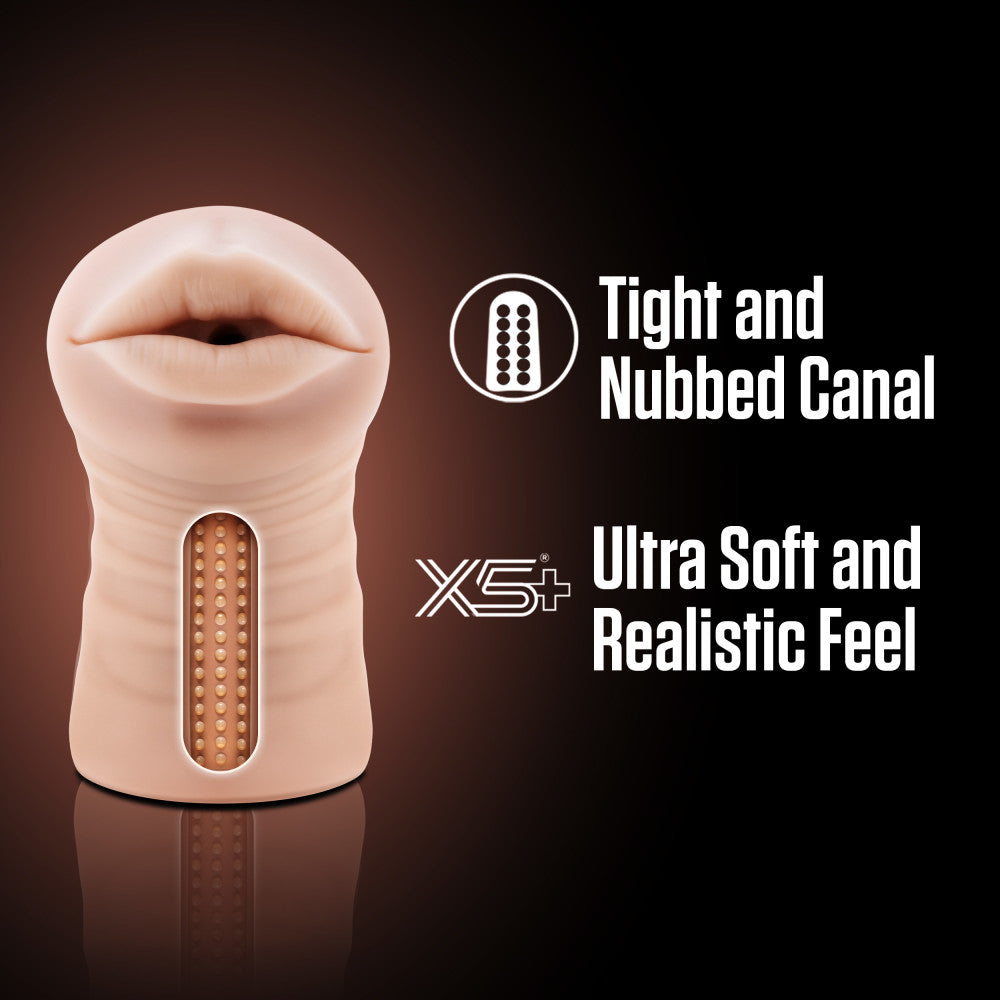 Beige male masturbator with a tight, nubbed canal, vibrating bullet, and ultra-soft X5® Plus material for realistic oral sensations.

male stroker, Nicole masturbator, vibrating stroker, tight canal, vibrating bullet, X5® Plus material, open-ended design, lifelike male toy, realistic sensations, compact masturbator, lube compatible, AI-inspired sex toy, portable stroker