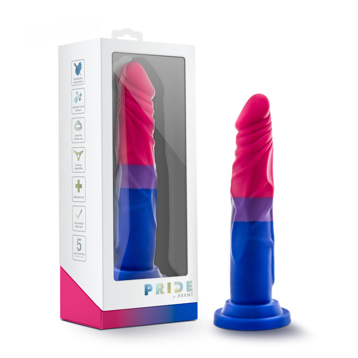 Bisexual pride-colored silicone dildo with a straight shaft, tapered head, and suction base, made from smooth Purio™ silicone.
Keywords: bisexual pride dildo, Avant dildo, straight shaft dildo, tapered head dildo, suction cup dildo, harness-compatible dildo, body-safe silicone dildo, colorful dildo, Purio silicone, artisan-crafted dildo.