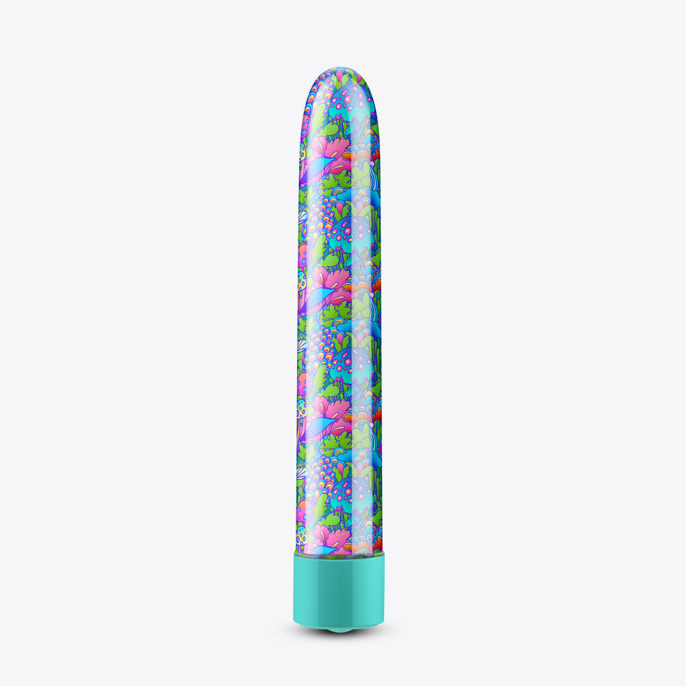 A set of three vibrators featuring psychedelic teal, mushroom-themed blue, and floral cannabis purple designs with customizable vibrations and waterproof functionality.

Keywords: psychedelic vibrator, slimline G-spot vibrator, RumbleTech vibrator, mushroom design vibrator, cannabis-inspired vibrator, waterproof sex toy, USB rechargeable vibrator, colorful vibrator, body-safe sex toy, stylish vibrators.