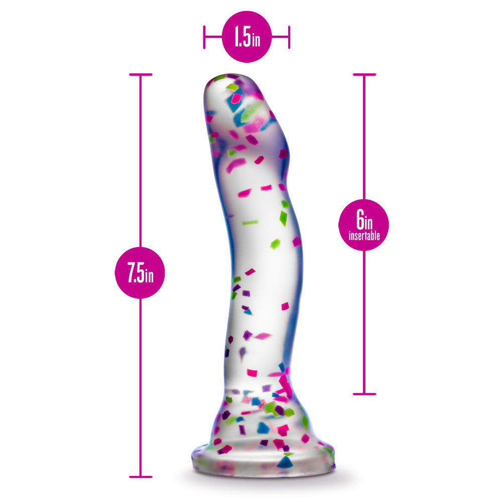 Glow-in-the-dark dildo with neon confetti, crafted from body-safe Purio™ silicone, featuring a curved design, suction base, and playful visual appeal. 
Keywords: glow-in-the-dark dildo, confetti dildo, silicone dildo, suction cup dildo, harness-compatible dildo, body-safe dildo, Purio silicone, G-spot dildo, P-spot dildo, fun adult toy. 