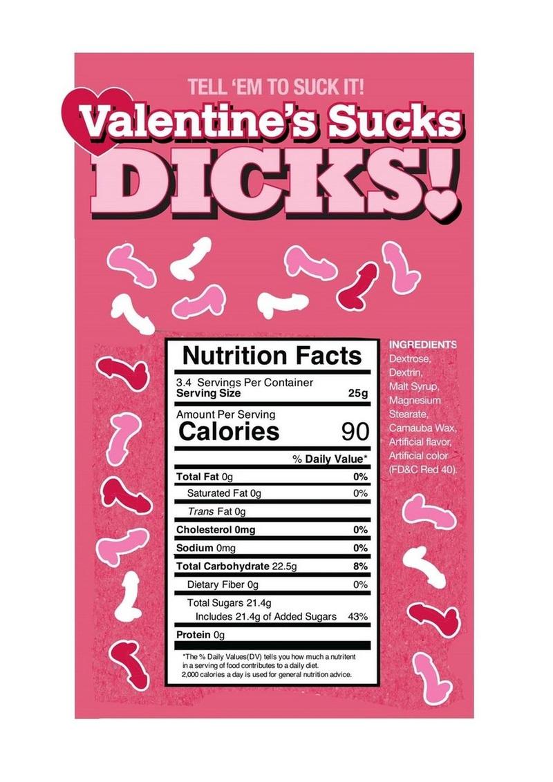 3oz bag of Valentine’s Sucks DICKS! candy with 100+ funny, cheeky pieces, perfect for anti-Valentine’s Day fun.

Valentine’s Sucks DICKS candy, anti-Valentine’s Day candy, gag gift candy, funny Valentine’s candy, cheeky candy treats, sarcastic Valentine’s candy, 3oz candy bag, candyprints Valentine’s.