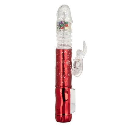 Red metallic rabbit vibrator with thrusting shaft, gum ball accents, and 10 vibration functions featuring a flickering rabbit teaser.
Keywords: thrusting rabbit vibrator, 4-speed vibrator, 10-function rabbit vibe, waterproof thrusting vibrator, Naughty Bits collection, metallic red rabbit vibrator, flickering bunny vibrator, synchronized rotating bead vibrator, customizable rabbit vibrator.