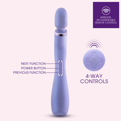 Purple ergonomic massage wand featuring RumbleTech™ vibrations, long handle, and smooth silicone design with a remote control.Keywords: massage wand, RumbleTech wand, ergonomic vibrator, lavender wand, remote control vibrator, waterproof wand, Puria silicone wand, self-care massage wand, rechargeable vibrator, deep tissue massage wand.