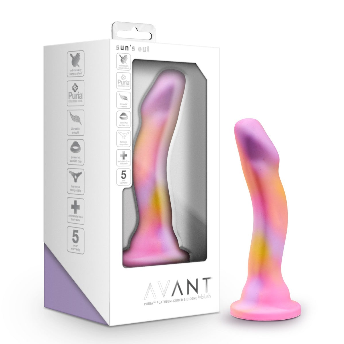 Vibrant pink and yellow silicone dildo with a curved design, suction base, and smooth finish, ideal for G-spot and P-spot play.
Keywords: curved dildo, Avant dildo, G-spot dildo, P-spot dildo, suction cup dildo, harness-compatible dildo, body-safe silicone dildo, Ultrasilk dildo, bright colorful dildo, artisanal sex toy.