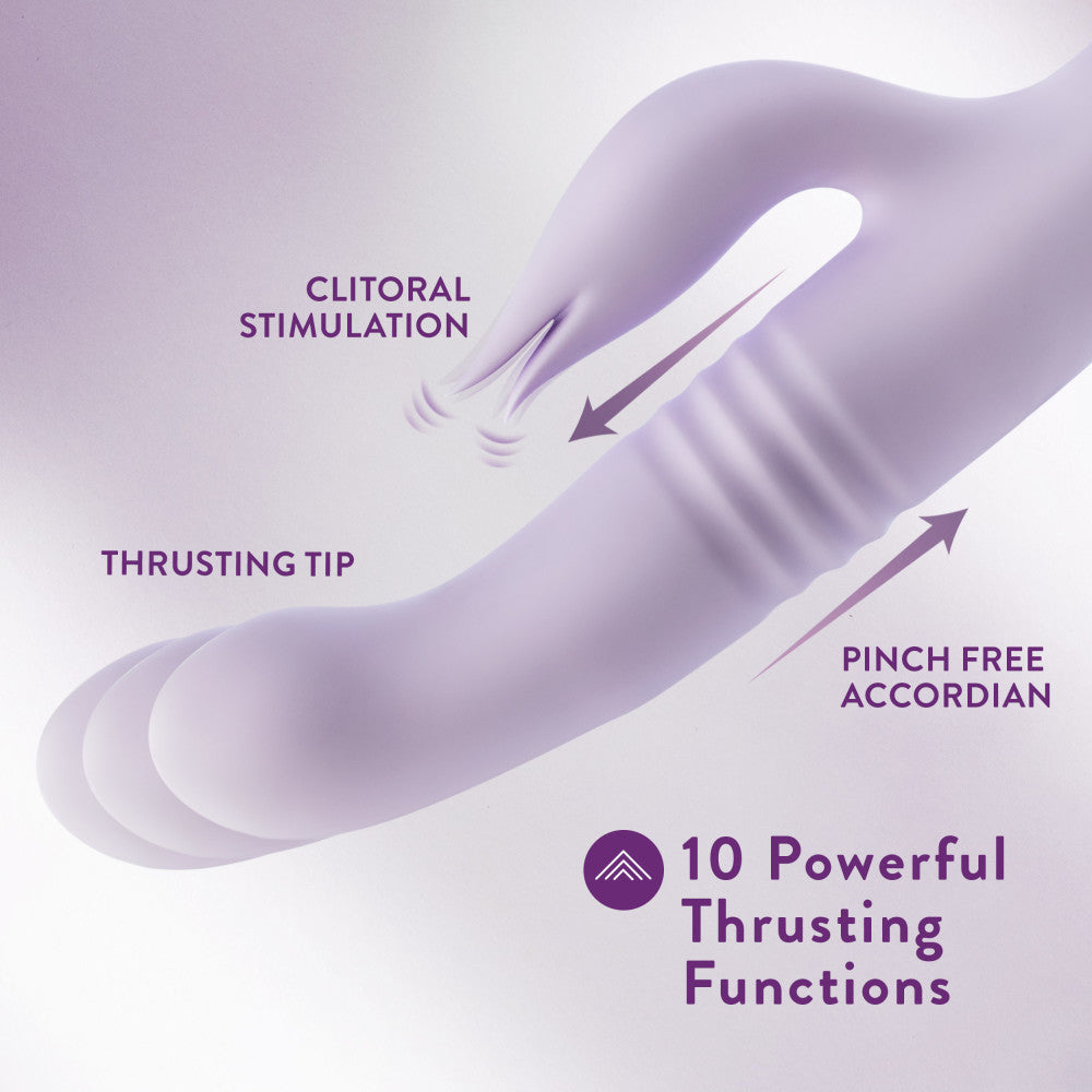 Lavender rabbit vibrator with thrusting vibrations, dual stimulation, and waterproof silicone design for G-spot and clitoral pleasure.

Keywords: rabbit vibrator, Rylee vibrator, thrusting vibrator, G-spot vibrator, clitoral stimulation, dual-stimulation vibrator, waterproof vibrator, USB rechargeable, platinum-cured silicone, soft silicone vibrator, 9.25-inch vibrator, satin smooth, body-safe vibrator