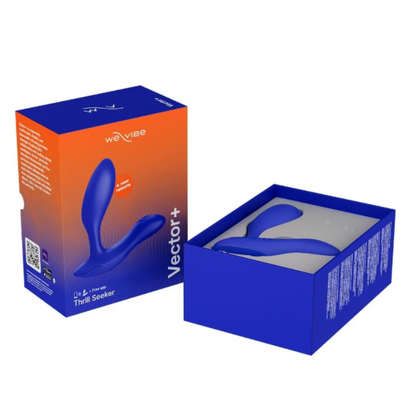 The We-Vibe Vector+ Prostate Massager in blue, shown in its packaging with the box open to display the device inside.