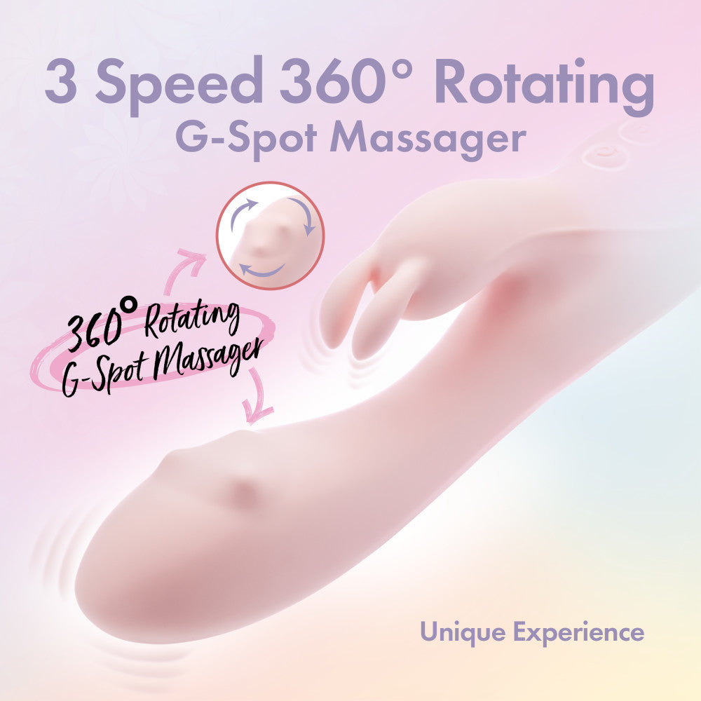 Pink rabbit vibrator with 10 vibration modes, 3-speed rotating G-spot massager, and waterproof silicone design. 
Keywords: rabbit vibrator, dual vibration modes, 360° rotating massager, G-spot vibrator, clitoral stimulator, waterproof vibrator, platinum-cured silicone, body-safe vibrator, USB rechargeable, pink vibrator, non-porous, IPX7 waterproof