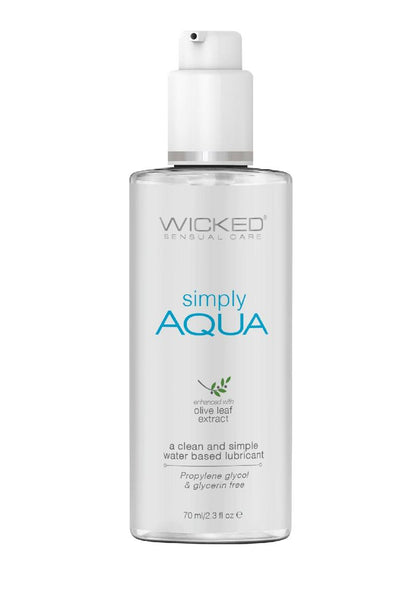 simply Aqua lubricant, water-based lubricant, glycerin-free lube, paraben-free lubricant, Olive Leaf Extract lube, pH-balanced lubricant, latex-safe lube, toy-safe lubricant, non-sticky lubricant, long-lasting water-based lube, vegan-friendly lubricant, cruelty-free lubricant, moisturizing lubricant, hypoallergenic lube, intimate care lube, easy-to-clean lubricant, Wicked Sensual Care Aqua, clean water-based lube, sensual glide lubricant, intimate play lubricant