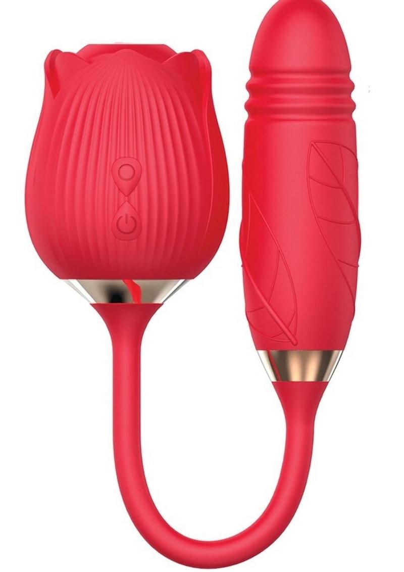 Dual-function rose toy with suction and thrusting, 10 modes each, body-safe silicone, waterproof, rechargeable, lipstick red.

Wild Rose and Thruster, rose suction and thruster, dual-function vibrator, 10 suction modes, 10 thrusting patterns, body-safe silicone, waterproof rose toy, rechargeable thruster toy, lipstick red vibrator, advanced rose V2, luxury clitoral stimulator.