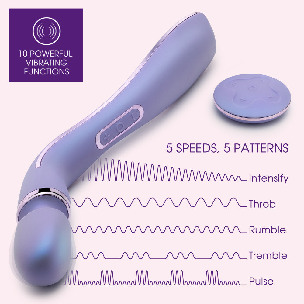 Purple ergonomic massage wand featuring RumbleTech™ vibrations, long handle, and smooth silicone design with a remote control.Keywords: massage wand, RumbleTech wand, ergonomic vibrator, lavender wand, remote control vibrator, waterproof wand, Puria silicone wand, self-care massage wand, rechargeable vibrator, deep tissue massage wand.