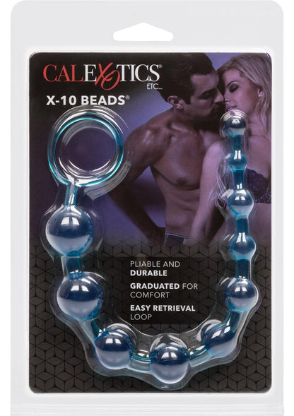 Packaging for CalExotics X-10 Beads, featuring blue graduated anal beads with a retrieval loop, displayed against a black background with an image of a couple in an intimate pose. Product highlights include "Pliable and Durable," "Graduated for Comfort," and "Easy Retrieval Loop."