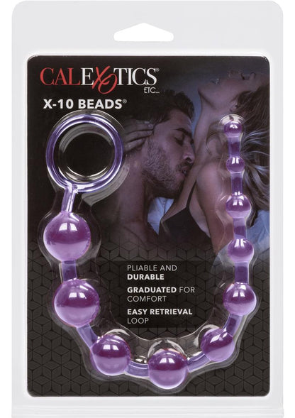 Packaging for CalExotics X-10 Beads, featuring purple graduated anal beads with a retrieval loop, displayed against a black background with an image of a couple in an intimate pose. Product highlights include "Pliable and Durable," "Graduated for Comfort," and "Easy Retrieval Loop."