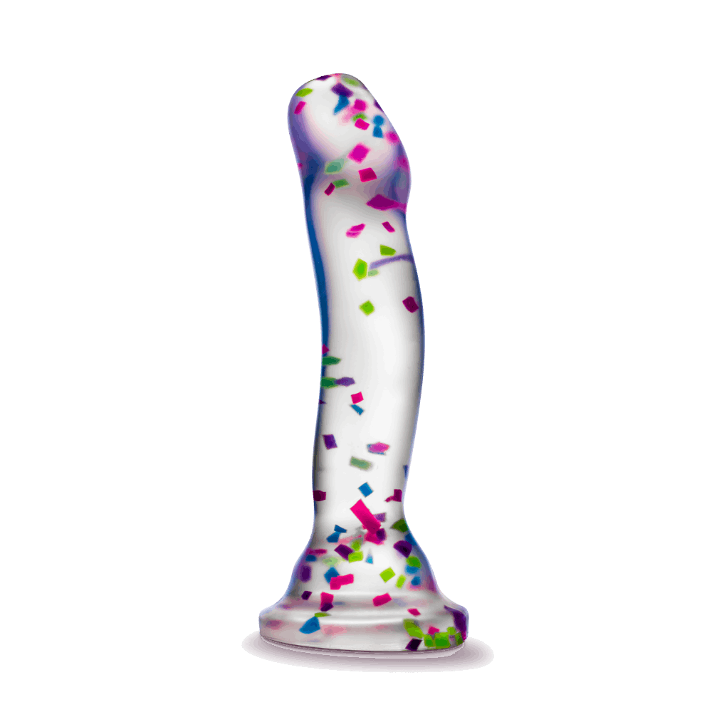 Glow-in-the-dark dildo with neon confetti, crafted from body-safe Purio™ silicone, featuring a curved design, suction base, and playful visual appeal. 
Keywords: glow-in-the-dark dildo, confetti dildo, silicone dildo, suction cup dildo, harness-compatible dildo, body-safe dildo, Purio silicone, G-spot dildo, P-spot dildo, fun adult toy. 