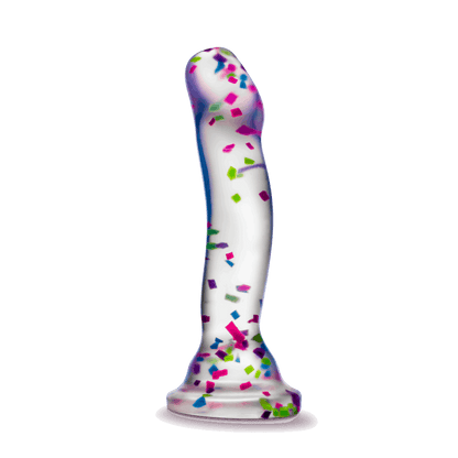 Glow-in-the-dark dildo with neon confetti, crafted from body-safe Purio™ silicone, featuring a curved design, suction base, and playful visual appeal. 
Keywords: glow-in-the-dark dildo, confetti dildo, silicone dildo, suction cup dildo, harness-compatible dildo, body-safe dildo, Purio silicone, G-spot dildo, P-spot dildo, fun adult toy. 