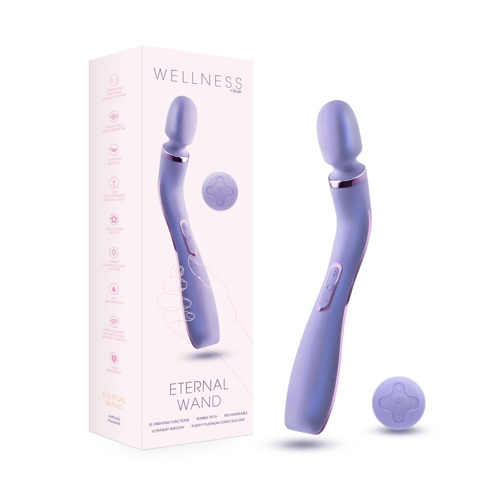 Purple ergonomic massage wand featuring RumbleTech™ vibrations, long handle, and smooth silicone design with a remote control.Keywords: massage wand, RumbleTech wand, ergonomic vibrator, lavender wand, remote control vibrator, waterproof wand, Puria silicone wand, self-care massage wand, rechargeable vibrator, deep tissue massage wand.