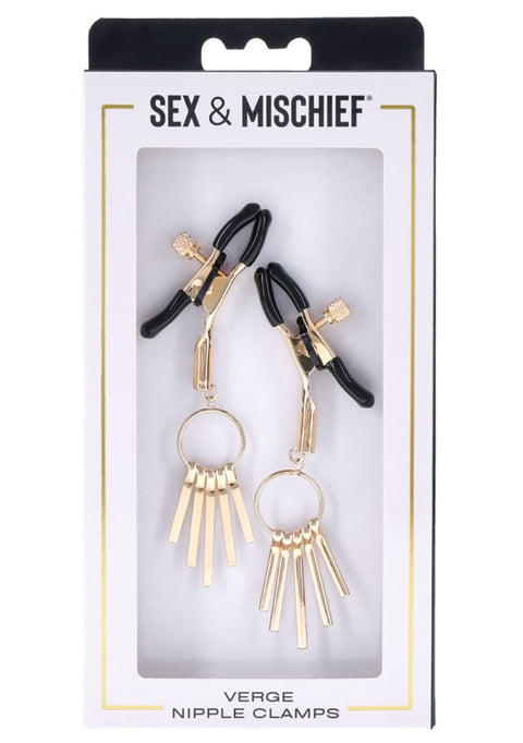 Adjustable gold nipple clamps with rubber tips and elegant dangling rods for sensual play. Keywords: adjustable nipple clamps, gold nipple clamps, Verge clamps, rubber-tipped nipple clamps, elegant BDSM clamps, kink accessories, nipple play tools, nipple clamps for couples, body-safe nipple clamps, gold and black nipple clamps.