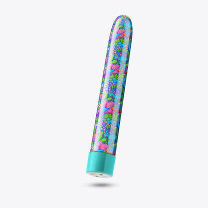 A set of three vibrators featuring psychedelic teal, mushroom-themed blue, and floral cannabis purple designs with customizable vibrations and waterproof functionality.

Keywords: psychedelic vibrator, slimline G-spot vibrator, RumbleTech vibrator, mushroom design vibrator, cannabis-inspired vibrator, waterproof sex toy, USB rechargeable vibrator, colorful vibrator, body-safe sex toy, stylish vibrators.