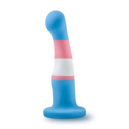 Trans pride flag-colored silicone dildo with a curved shaft, suction base, and smooth finish for G-spot or P-spot stimulation. Keywords: trans pride dildo, Avant dildo, G-spot dildo, P-spot dildo, suction cup dildo, harness-compatible dildo, body-safe silicone dildo, Purio silicone, colorful pride dildo, artisan-crafted dildo.