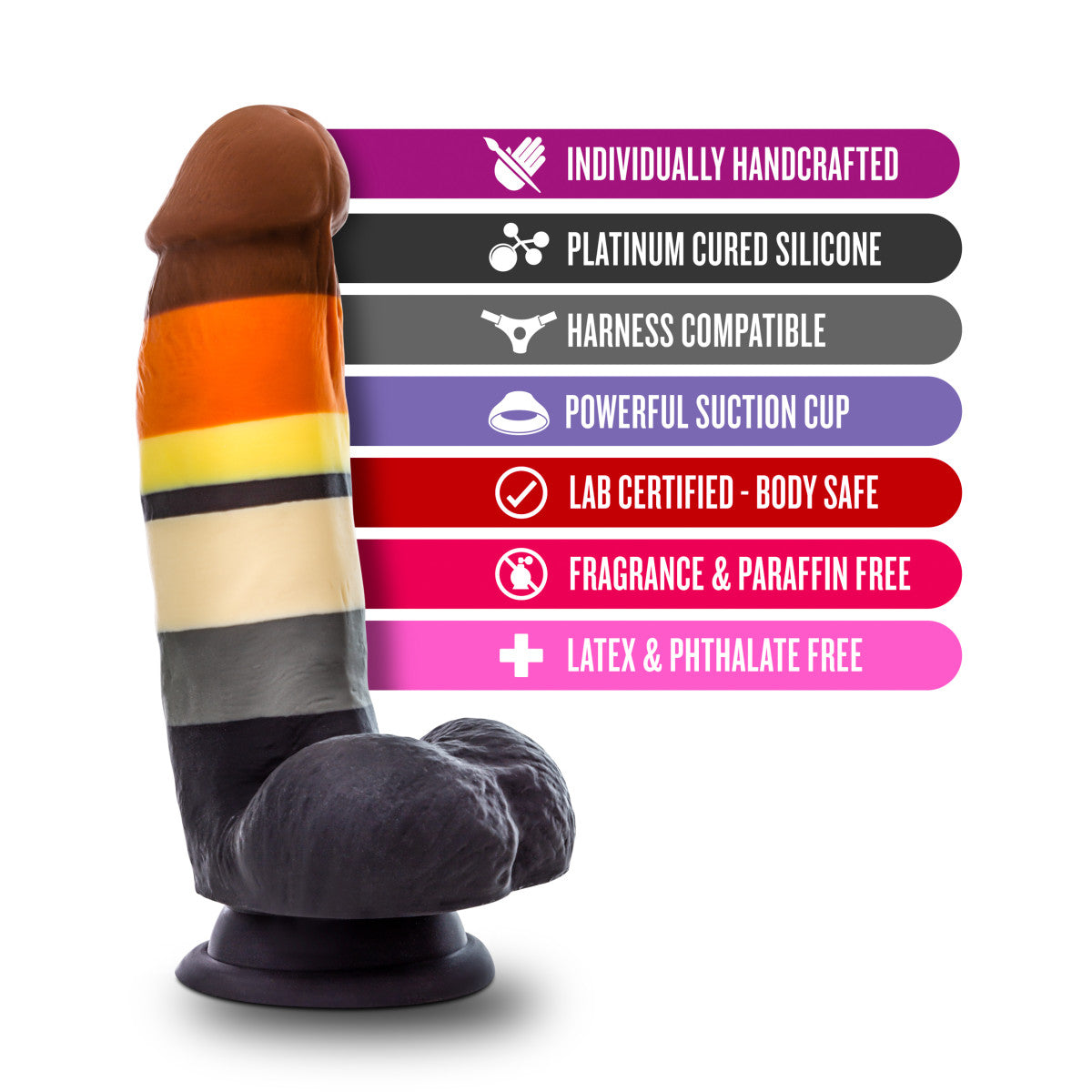 Multi-colored silicone dildo with realistic details, Bear Pride flag, thick girth, and a suction base, made with smooth Purio™ silicone.
Keywords: realistic dildo, Avant dildo, thick girthy dildo, Pride dildo, suction cup dildo, harness-compatible dildo, body-safe silicone dildo, Purio silicone dildo, colorful dildo, artisan-crafted dildo.