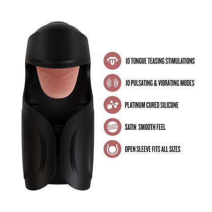 A sleek black penis stimulator with 10 tongue-teasing modes, pulsating shaft stimulation, and a ribbed taco wrap design. USB rechargeable and crafted from body-safe silicone. Keywords: vibrating penis stimulator, M For Men Lickety Split, tongue-teasing toy, pulsating vibration, ribbed wrap design, USB rechargeable stimulator, body-safe silicone, edging toy, male vibrator, black penis stimulator, customizable stimulation