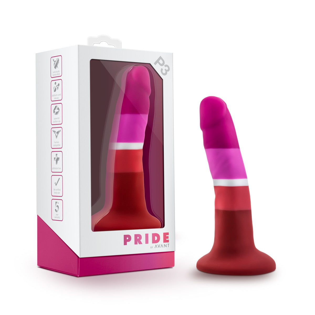 Lesbian pride-colored silicone dildo with a petite design, straight shaft, and suction base, made from smooth Purio™ silicone. Keywords: lesbian pride dildo, Avant dildo, petite dildo, beginner-friendly dildo, suction cup dildo, harness-compatible dildo, body-safe silicone dildo, colorful pride dildo, Purio silicone, artisan-crafted dildo.
