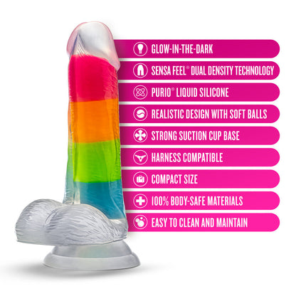 A vibrant glow-in-the-dark rainbow dildo with dual-density silicone, a suction cup base, and lifelike details. Perfect for hands-free or strap-on play. Keywords: Neo Elite Rainbow Rave, glow-in-the-dark dildo, rainbow dildo, Sensa Feel, dual-density silicone, Purio silicone, harness-compatible dildo, suction cup dildo, body-safe silicone, lifelike dildo, beginner-friendly toy 