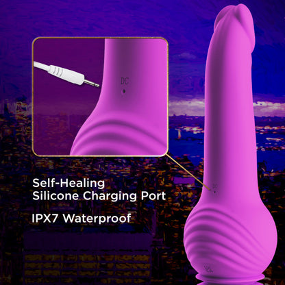 Purple G-spot dildo with thumping and vibrating Gen 2 Gyro-Quake™ technology, suction base, and waterproof silicone design.

Keywords: Impressions New York, vibrating dildo, G-spot dildo, thumping dildo, Gyro-Quake technology, silicone dildo, suction cup dildo, IPX7 waterproof, platinum-cured silicone, USB rechargeable, 9.75-inch dildo, ergonomic design, hands-free pleasure, luxury sex toy