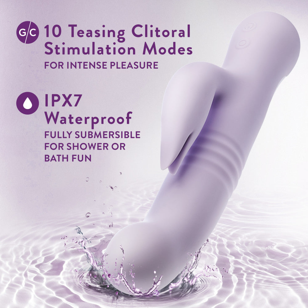 Lavender rabbit vibrator with thrusting vibrations, dual stimulation, and waterproof silicone design for G-spot and clitoral pleasure.

Keywords: rabbit vibrator, Rylee vibrator, thrusting vibrator, G-spot vibrator, clitoral stimulation, dual-stimulation vibrator, waterproof vibrator, USB rechargeable, platinum-cured silicone, soft silicone vibrator, 9.25-inch vibrator, satin smooth, body-safe vibrator