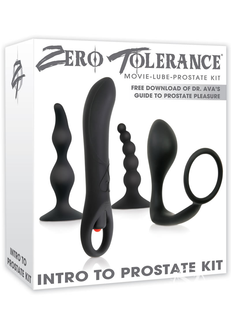 Zero Tolerance Intro to Prostate Silicone with Movie and Lube - Black - 4 Piece Kit Packaging for the Zero Tolerance Intro to Prostate Kit, featuring images of four black prostate massagers: a vibrating massager, a cock ring with an attached plug, a beaded plug, and a tapered plug with a suction cup base. The box highlights the inclusion of Dr. Ava's Guide to Prostate Pleasure.