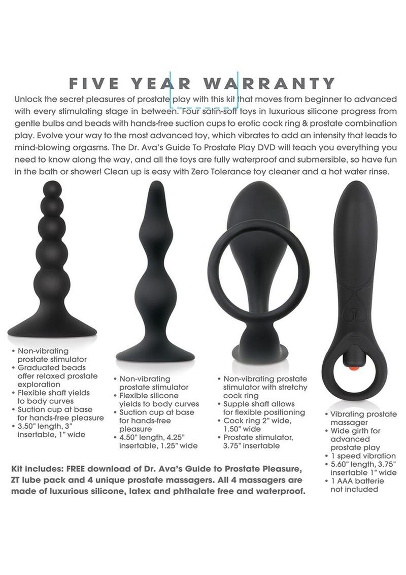 A set of four black silicone prostate massagers, including a vibrating model, a cock ring with an attached plug, a beaded plug, and a classic tapered plug with a suction cup base, displayed side by side.