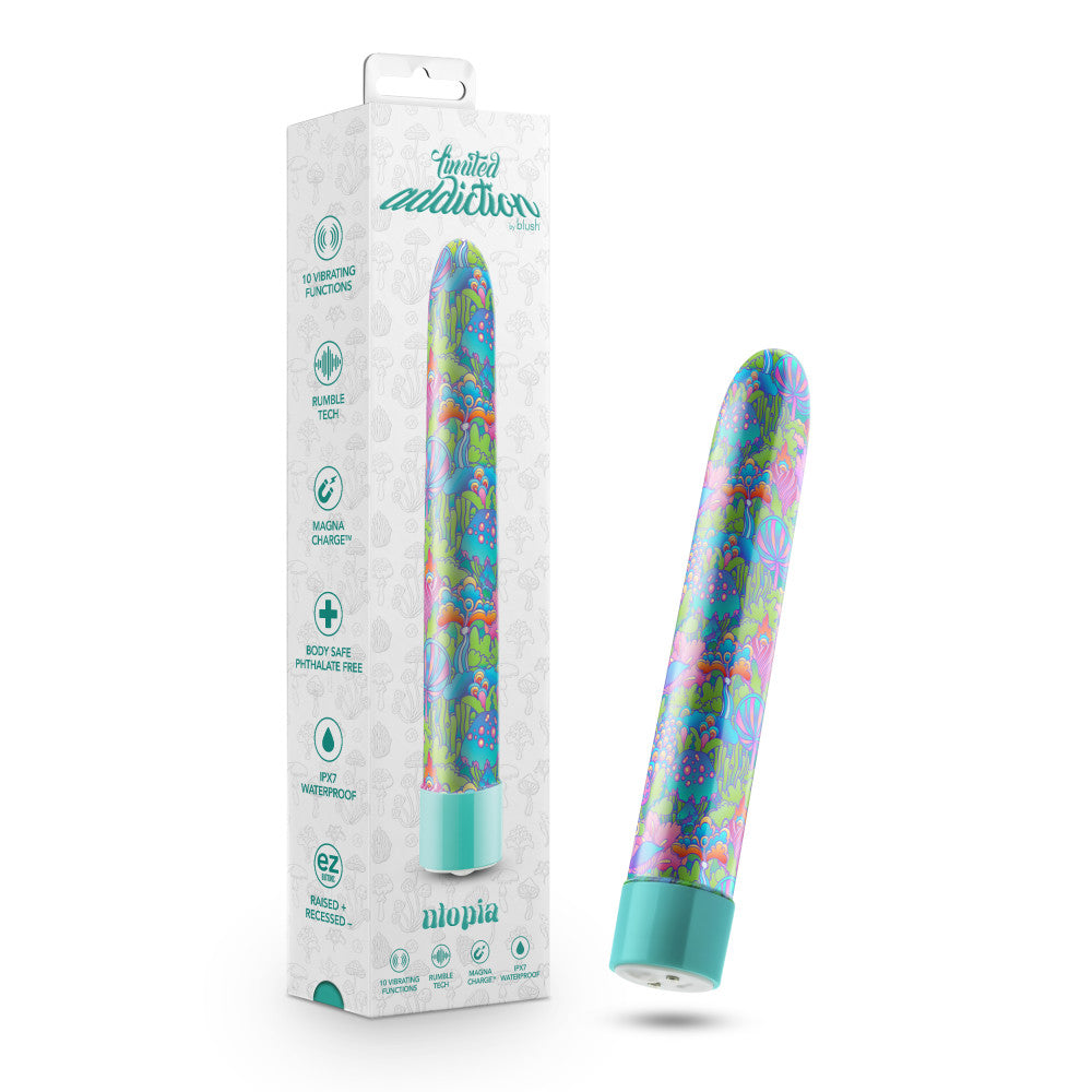 A set of three vibrators featuring psychedelic teal, mushroom-themed blue, and floral cannabis purple designs with customizable vibrations and waterproof functionality.

Keywords: psychedelic vibrator, slimline G-spot vibrator, RumbleTech vibrator, mushroom design vibrator, cannabis-inspired vibrator, waterproof sex toy, USB rechargeable vibrator, colorful vibrator, body-safe sex toy, stylish vibrators.