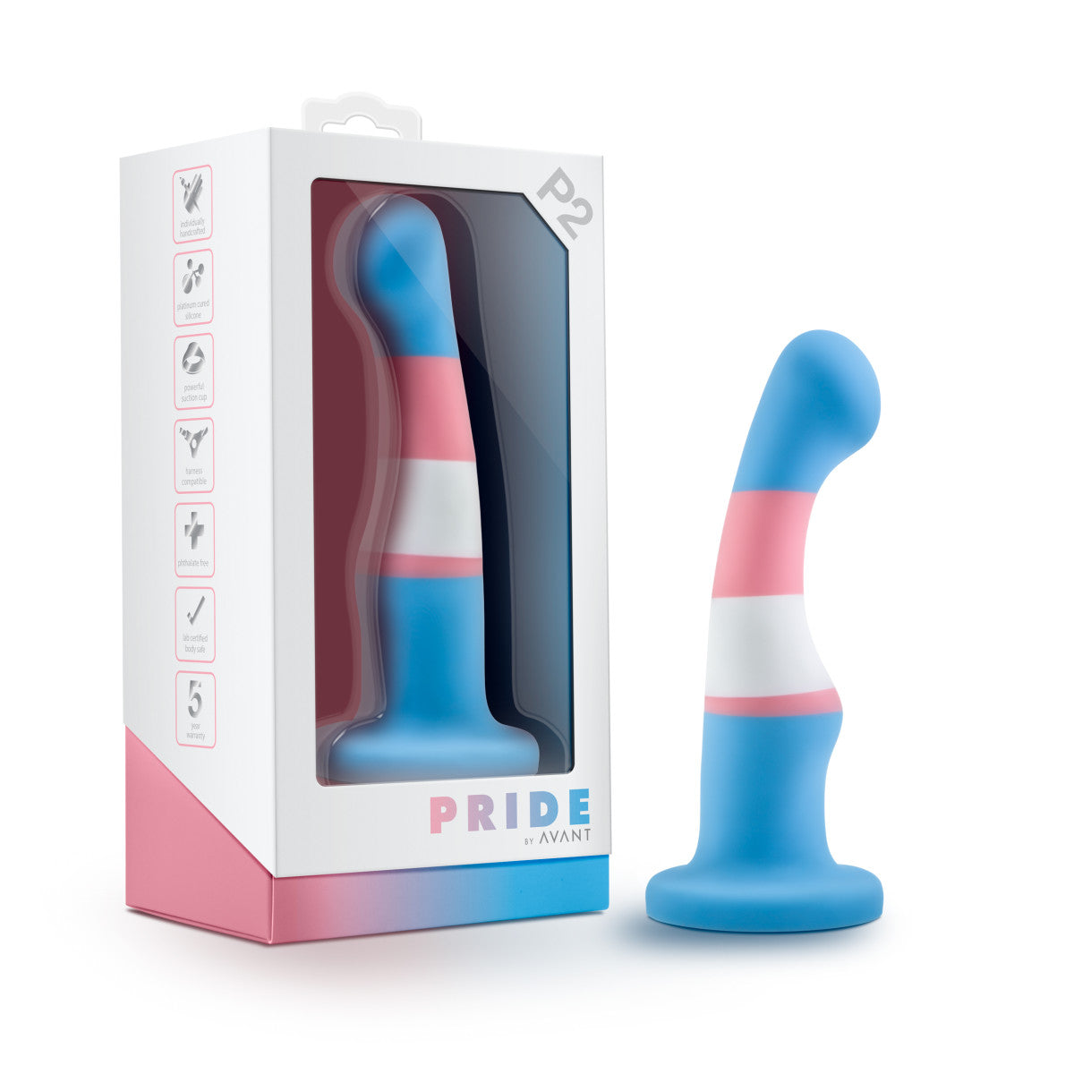 Trans pride flag-colored silicone dildo with a curved shaft, suction base, and smooth finish for G-spot or P-spot stimulation. Keywords: trans pride dildo, Avant dildo, G-spot dildo, P-spot dildo, suction cup dildo, harness-compatible dildo, body-safe silicone dildo, Purio silicone, colorful pride dildo, artisan-crafted dildo.