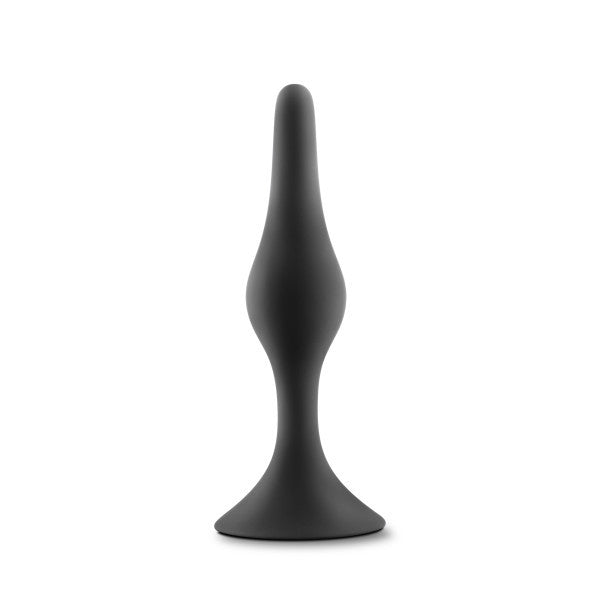 Product image. Black silicone, butt plug teardrop shape and flared base.