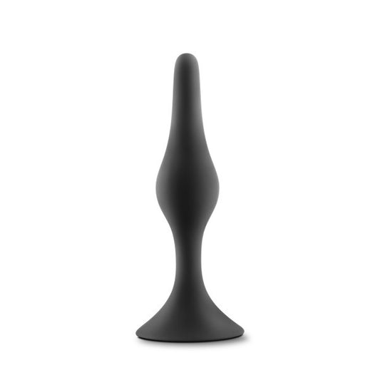 Product image. Black silicone, butt plug teardrop shape and flared base.