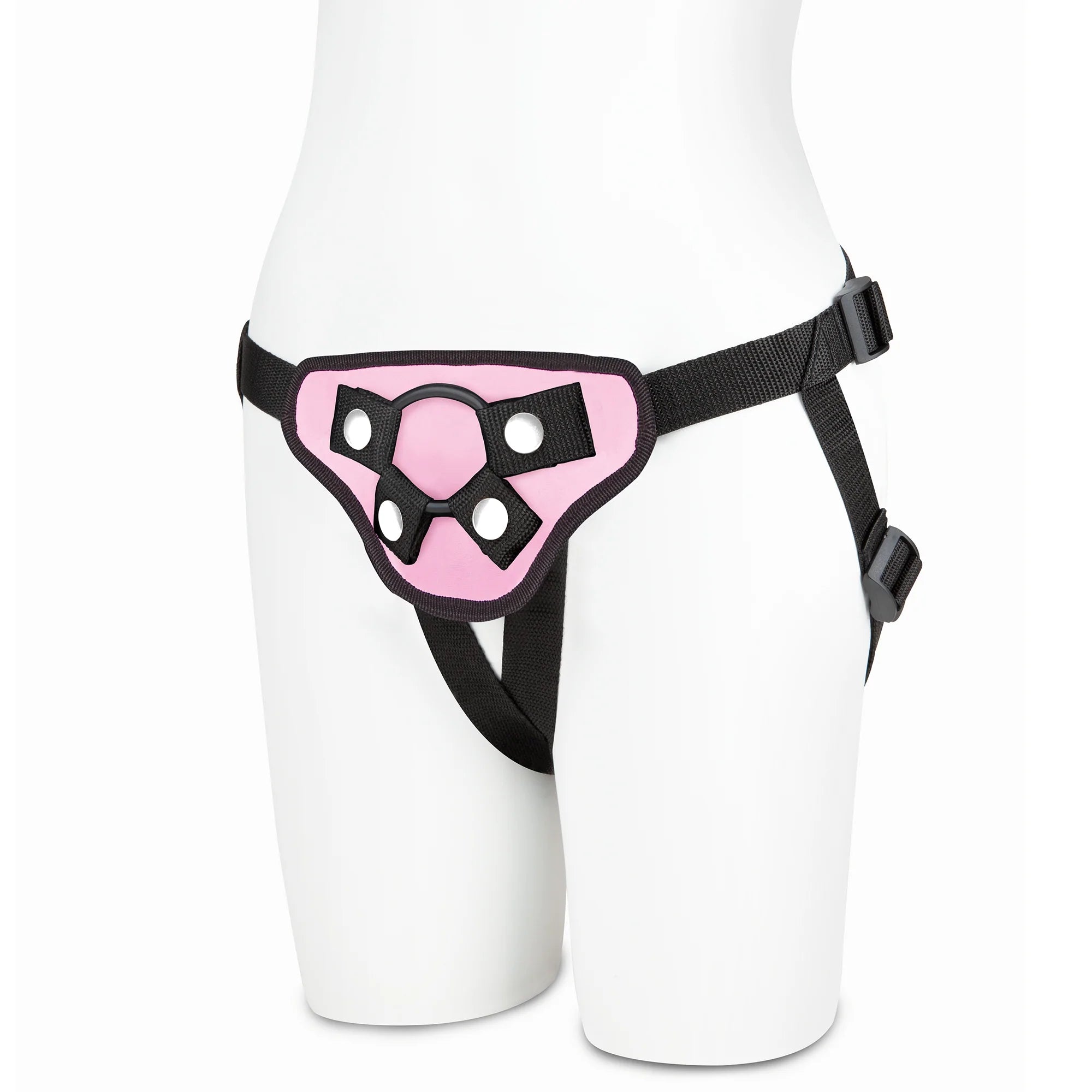 Pink PVC strap-on harness with 4-way adjustable straps, fits up to 60-inch hips, perfect for customizable strap-on play.