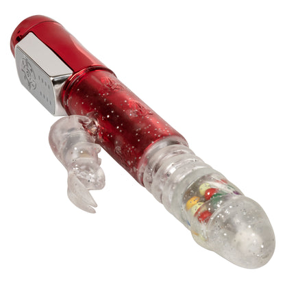 Red metallic rabbit vibrator with thrusting shaft, gum ball accents, and 10 vibration functions featuring a flickering rabbit teaser.
Keywords: thrusting rabbit vibrator, 4-speed vibrator, 10-function rabbit vibe, waterproof thrusting vibrator, Naughty Bits collection, metallic red rabbit vibrator, flickering bunny vibrator, synchronized rotating bead vibrator, customizable rabbit vibrator.